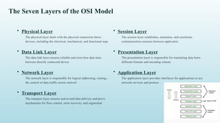 The Seven Layers of the OSI Model
• Physical Layer
The physical layer deals with the physical connection between
devices, including the electrical, mechanical, and functional aspects.
• Data Link Layer
The data link layer ensures reliable and error-free data transfer
between directly connected devices.
• Network Layer
The network layer is responsible for logical addressing, routing, and
the control of data traffic across networks.
• Transport Layer
The transport layer ensures end-to-end data delivery and provides
mechanisms for flow control, error recovery, and segmentation.
• Session Layer
The session layer establishes, maintains, and synchronizes
communication sessions between applications.
• Presentation Layer
The presentation layer is responsible for translating data between
different formats and encoding schemes.
• Application Layer
The application layer provides interfaces for applications to access
network services and protocols.
 