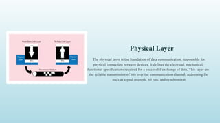 Physical Layer
The physical layer is the foundation of data communication, responsible for the
physical connection between devices. It defines the electrical, mechanical, and
functional specifications required for a successful exchange of data. This layer ensures
the reliable transmission of bits over the communication channel, addressing factors
such as signal strength, bit rate, and synchronization.
 