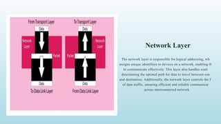 Network Layer
The network layer is responsible for logical addressing, which
assigns unique identifiers to devices on a network, enabling them
to communicate effectively. This layer also handles routing,
determining the optimal path for data to travel between source
and destination. Additionally, the network layer controls the flow
of data traffic, ensuring efficient and reliable communication
across interconnected networks.
 