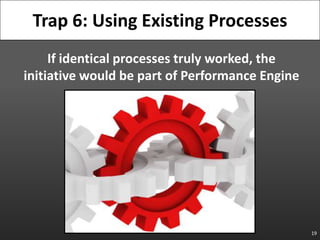 If identical processes truly worked, the initiative would be part of Performance Engine<br />19<br />Trap 6: Using Existin...