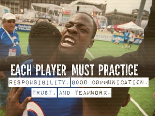 EACH PLAYER MUST PRACTICE
RESPONSIBILITY,good COMMUNICATION,
TRUST, AND TEAMWORK.
 