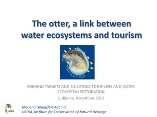 The otter, a link between
water ecosystems and tourism




   FORGING TARGETS AND SOLUTIONS FOR RIVERS AND WATER
                 ECOSYSTEM RESTORATION
                 Ljubljana, November 2011

Marjana Hönigsfeld Adamič
LUTRA, Institute for Conservation of Natural Heritage
 