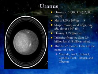 Uranus Diameter: 51,488 km (32,000 miles)  Mass: 8.69 x 10 25 kg Shape: round, vivid rings, ring arc, about a 90° tilt  Density: 1.29 gm/cm 3 Distance from the Sun: 2.9 billion km (1.8 billion miles) Moons: 27 moons. Here are the names of a few. Miranda, Ariel, Umbriel, Ophelia, Puck, Titania, and Oberon. 