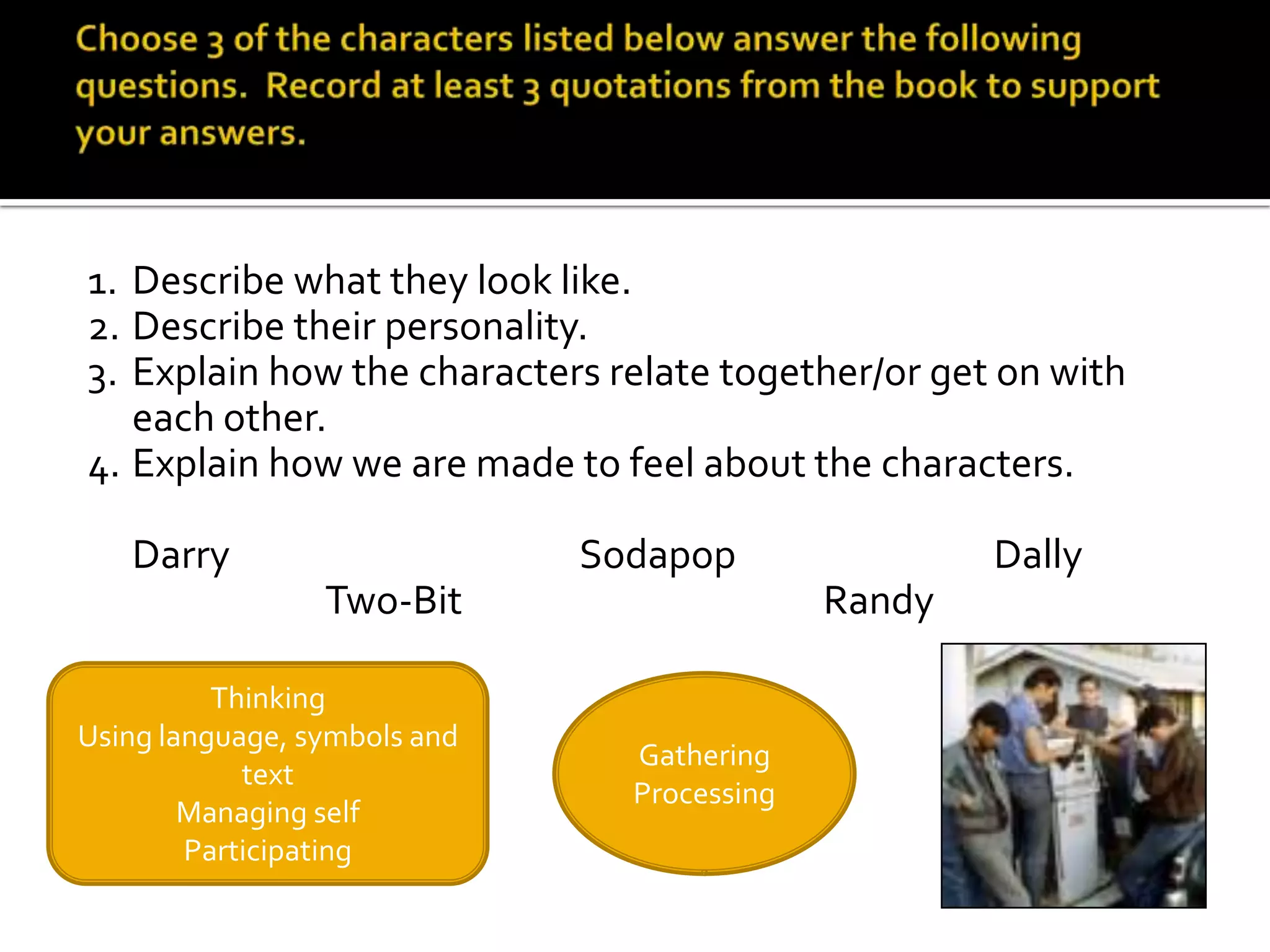 1. Describe what they look like.
2. Describe their personality.
3. Explain how the characters relate together/or get on with
   each other.
4. Explain how we are made to feel about the characters.

   Darry                      Sodapop                Dally
                 Two-Bit                     Randy

          Thinking
Using language, symbols and
                                Gathering
            text
                                Processing
        Managing self
        Participating
 