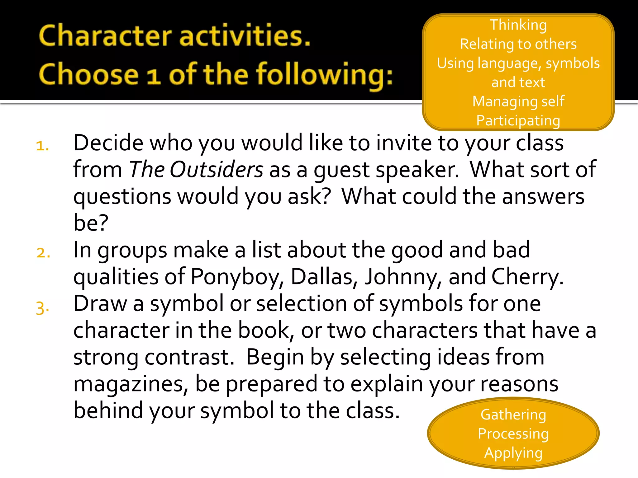 Thinking
                                          Relating to others
                                       Using language, symbols
                                               and text
                                            Managing self
                                             Participating
1. Decide who you would like to invite to your class
   from The Outsiders as a guest speaker. What sort of
   questions would you ask? What could the answers
   be?
2. In groups make a list about the good and bad
   qualities of Ponyboy, Dallas, Johnny, and Cherry.
3. Draw a symbol or selection of symbols for one
   character in the book, or two characters that have a
   strong contrast. Begin by selecting ideas from
   magazines, be prepared to explain your reasons
   behind your symbol to the class.         Gathering
                                            Processing
                                             Applying
 