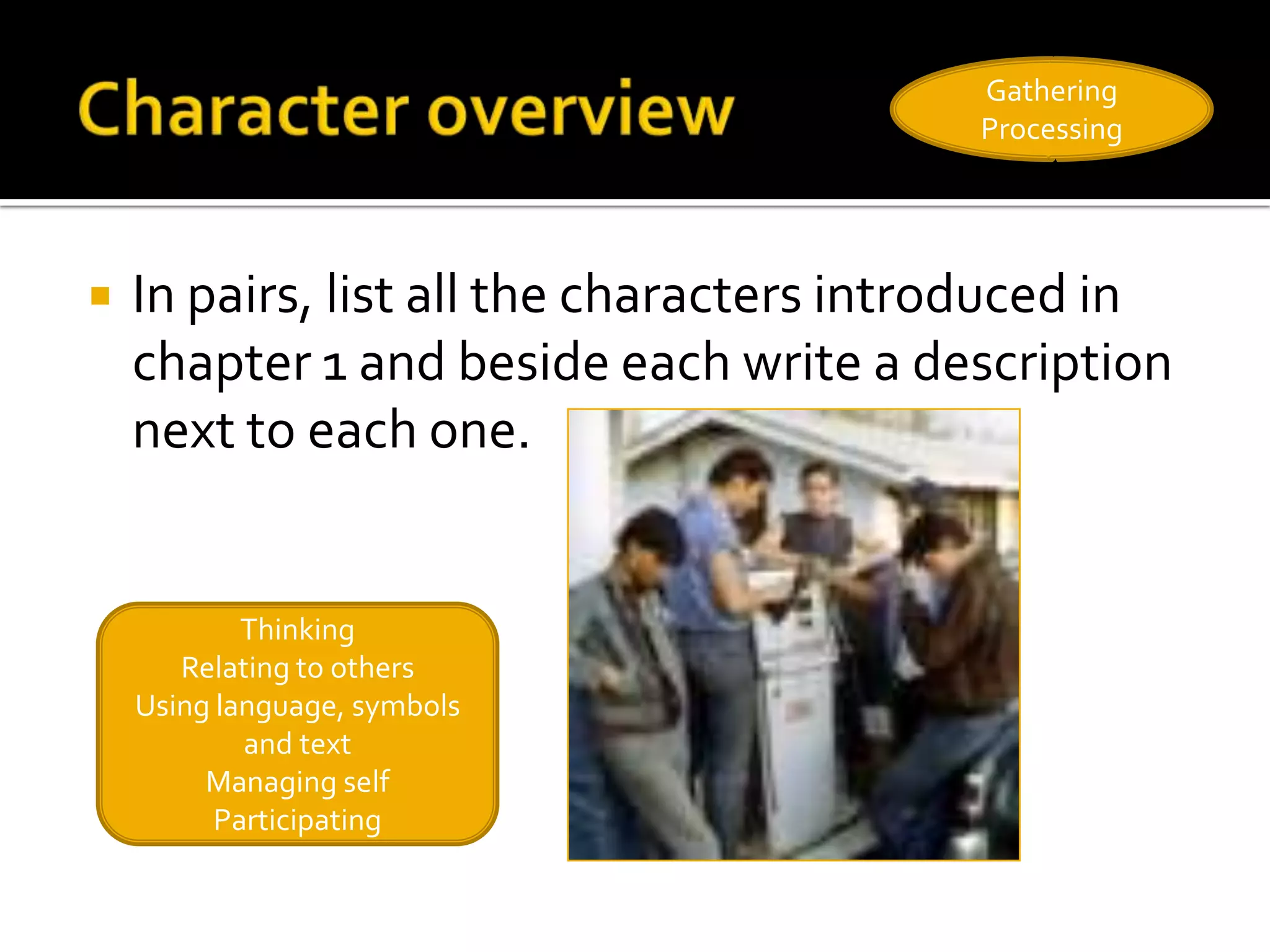 Gathering
                                          Processing




   In pairs, list all the characters introduced in
    chapter 1 and beside each write a description
    next to each one.


            Thinking
       Relating to others
    Using language, symbols
            and text
         Managing self
          Participating
 