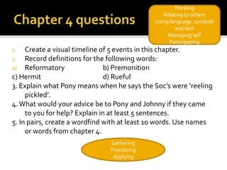 Thinking
                                                Relating to others
                                             Using language, symbols
                                                     and text
                                                  Managing self
                                                   Participating
1.   Create a visual timeline of 5 events in this chapter.
2. Record definitions for the following words:
a) Reformatory                 b) Premonition
c) Hermit                      d) Rueful
3. Explain what Pony means when he says the Soc’s were ‘reeling
     pickled’.
4. What would your advice be to Pony and Johnny if they came
     to you for help? Explain in at least 5 sentences.
5. In pairs, create a wordfind with at least 10 words. Use names
     or words from chapter 4.
                               Gathering
                               Processing
                                Applying
 