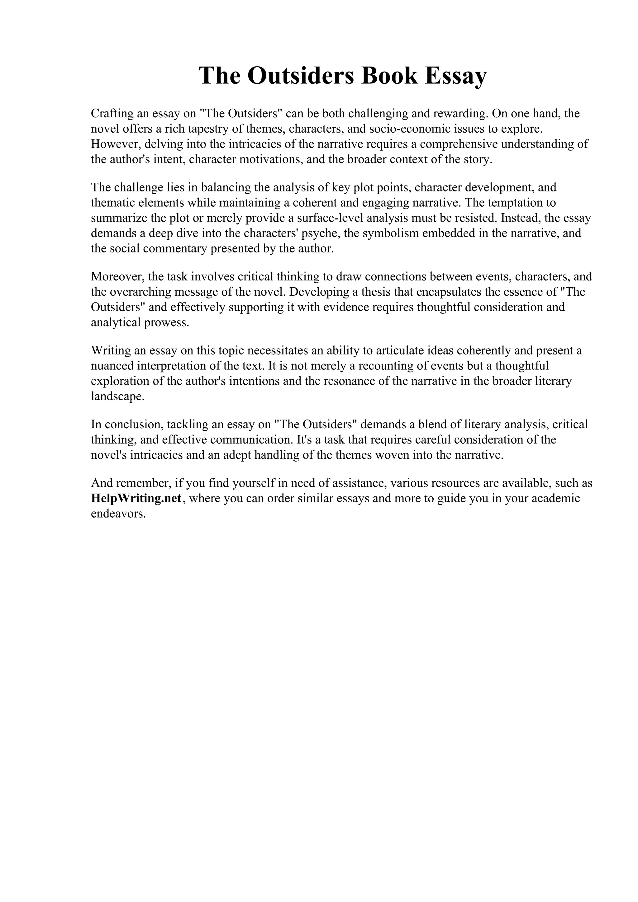 The Outsiders Book Essay. The Outsiders GCSE English Marked by