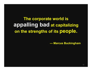 The corporate world is
appalling bad at capitalizing
on the strengths of its people.

                 — Marcus Buckingham...