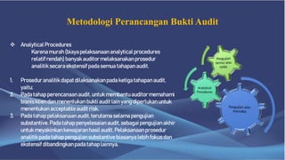 Metodologi Perancangan Bukti Audit
 Analytical Procedures
Karenamurah(biayapelaksanaananalyticalprocedures
relatif rendah)banyakauditormelaksanakanprosedur
analitiksecaraekstensif padasemua tahapanaudit.
1. Prosedur analitikdapatdilaksanakanpadaketigatahapanaudit,
yaitu:
2. Pada tahap perencanaanaudit,untuk membantuauditormemahami
bisnisklien danmenentukanbukti auditlainyang diperlukanuntuk
menentukanacceptableauditrisk.
3. Pada tahap pelaksanaanaudit,terutamaselama pengujian
substantive.Padatahap penyelesaianaudit, sebagaipengujianakhir
untuk meyakinkankewajaranhasil audit.Pelaksanaanprosedur
analitikpadatahap pengujiansubstantivebiasanyalebih fokusdan
ekstensif dibandingkanpadatahaplainnya.
 