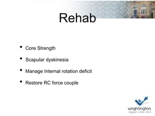 Rehab
• Core Strength
• Scapular dyskinesia
• Manage Internal rotation deficit
• Restore RC force couple
 