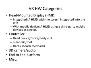 VR HW Categories
• Head-Mounted Display (HMD):
– Integrated: A HMD with the screen integrated into the
unit
– With mobile ...