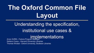 SLIDESMANIA.
The Oxford Common File
Layout
Understanding the specification,
institutional use cases &
implementations
Arran Griffith - Fedora Program Manager
Stefano Cossu - Harvard University Libraries
Thomas Wrobel - Oxford University, Bodleian Libraries
 