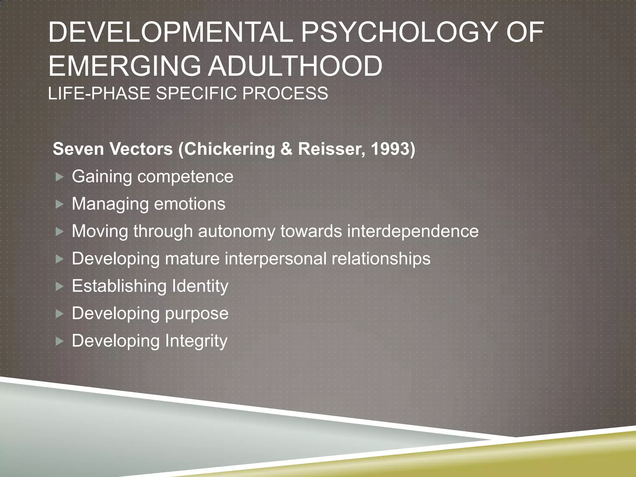 DEVELOPMENTAL PSYCHOLOGY OF
EMERGING ADULTHOOD
LIFE-PHASE SPECIFIC PROCESS


Seven Vectors (Chickering & Reisser, 1993)
 Gaining competence
 Managing emotions
 Moving through autonomy towards interdependence
 Developing mature interpersonal relationships
 Establishing Identity
 Developing purpose
 Developing Integrity
 