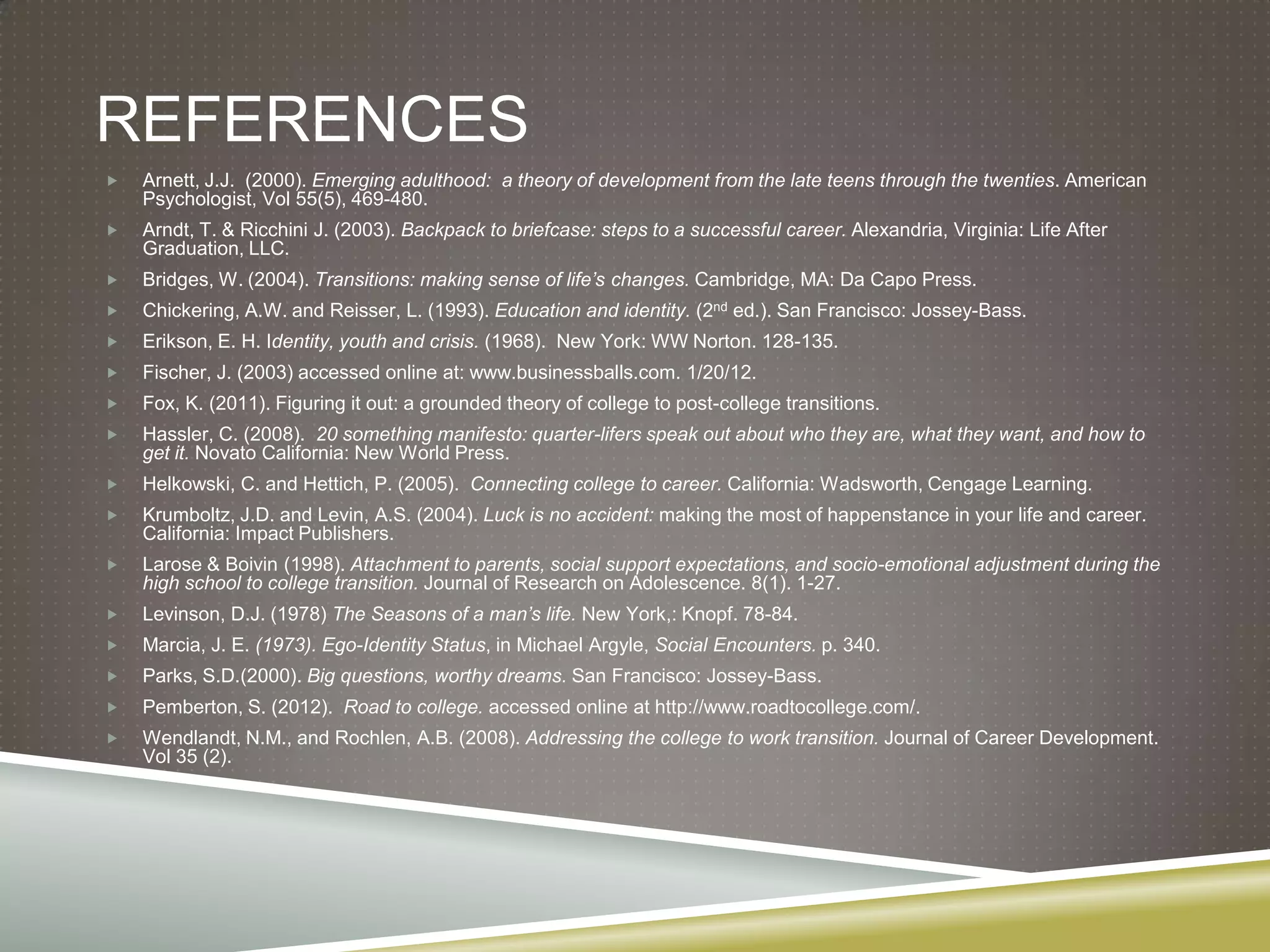 REFERENCES
   Arnett, J.J. (2000). Emerging adulthood: a theory of development from the late teens through the twenties. American
    Psychologist, Vol 55(5), 469-480.
   Arndt, T. & Ricchini J. (2003). Backpack to briefcase: steps to a successful career. Alexandria, Virginia: Life After
    Graduation, LLC.
   Bridges, W. (2004). Transitions: making sense of life’s changes. Cambridge, MA: Da Capo Press.
   Chickering, A.W. and Reisser, L. (1993). Education and identity. (2nd ed.). San Francisco: Jossey-Bass.
   Erikson, E. H. Identity, youth and crisis. (1968). New York: WW Norton. 128-135.
   Fischer, J. (2003) accessed online at: www.businessballs.com. 1/20/12.
   Fox, K. (2011). Figuring it out: a grounded theory of college to post-college transitions.
   Hassler, C. (2008). 20 something manifesto: quarter-lifers speak out about who they are, what they want, and how to
    get it. Novato California: New World Press.
   Helkowski, C. and Hettich, P. (2005). Connecting college to career. California: Wadsworth, Cengage Learning.
   Krumboltz, J.D. and Levin, A.S. (2004). Luck is no accident: making the most of happenstance in your life and career.
    California: Impact Publishers.
   Larose & Boivin (1998). Attachment to parents, social support expectations, and socio-emotional adjustment during the
    high school to college transition. Journal of Research on Adolescence. 8(1). 1-27.
   Levinson, D.J. (1978) The Seasons of a man’s life. New York,: Knopf. 78-84.
   Marcia, J. E. (1973). Ego-Identity Status, in Michael Argyle, Social Encounters. p. 340.
   Parks, S.D.(2000). Big questions, worthy dreams. San Francisco: Jossey-Bass.
   Pemberton, S. (2012). Road to college. accessed online at http://www.roadtocollege.com/.
   Wendlandt, N.M., and Rochlen, A.B. (2008). Addressing the college to work transition. Journal of Career Development.
    Vol 35 (2).
 