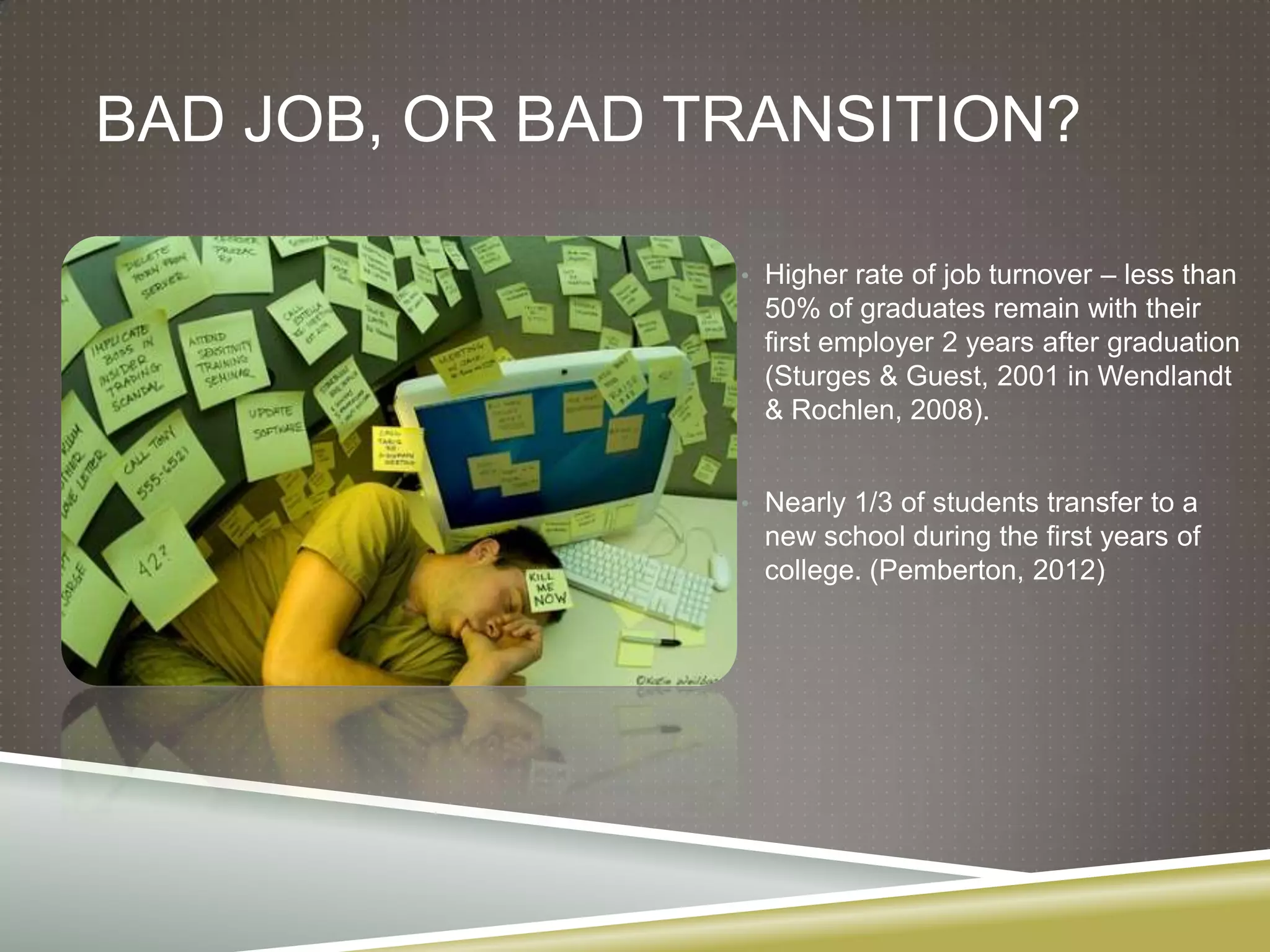 BAD JOB, OR BAD TRANSITION?

                 • Higher rate of job turnover – less than
                  50% of graduates remain with their
                  first employer 2 years after graduation
                  (Sturges & Guest, 2001 in Wendlandt
                  & Rochlen, 2008).


                 • Nearly 1/3 of students transfer to a
                  new school during the first years of
                  college. (Pemberton, 2012)
 