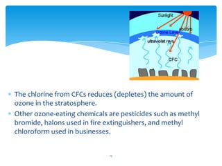 The chlorine from CFCs reduces (depletes) the amount of
ozone in the stratosphere.
Other ozone-eating chemicals are pesticides such as methyl
bromide, halons used in fire extinguishers, and methyl
chloroform used in businesses.


                             13
 
