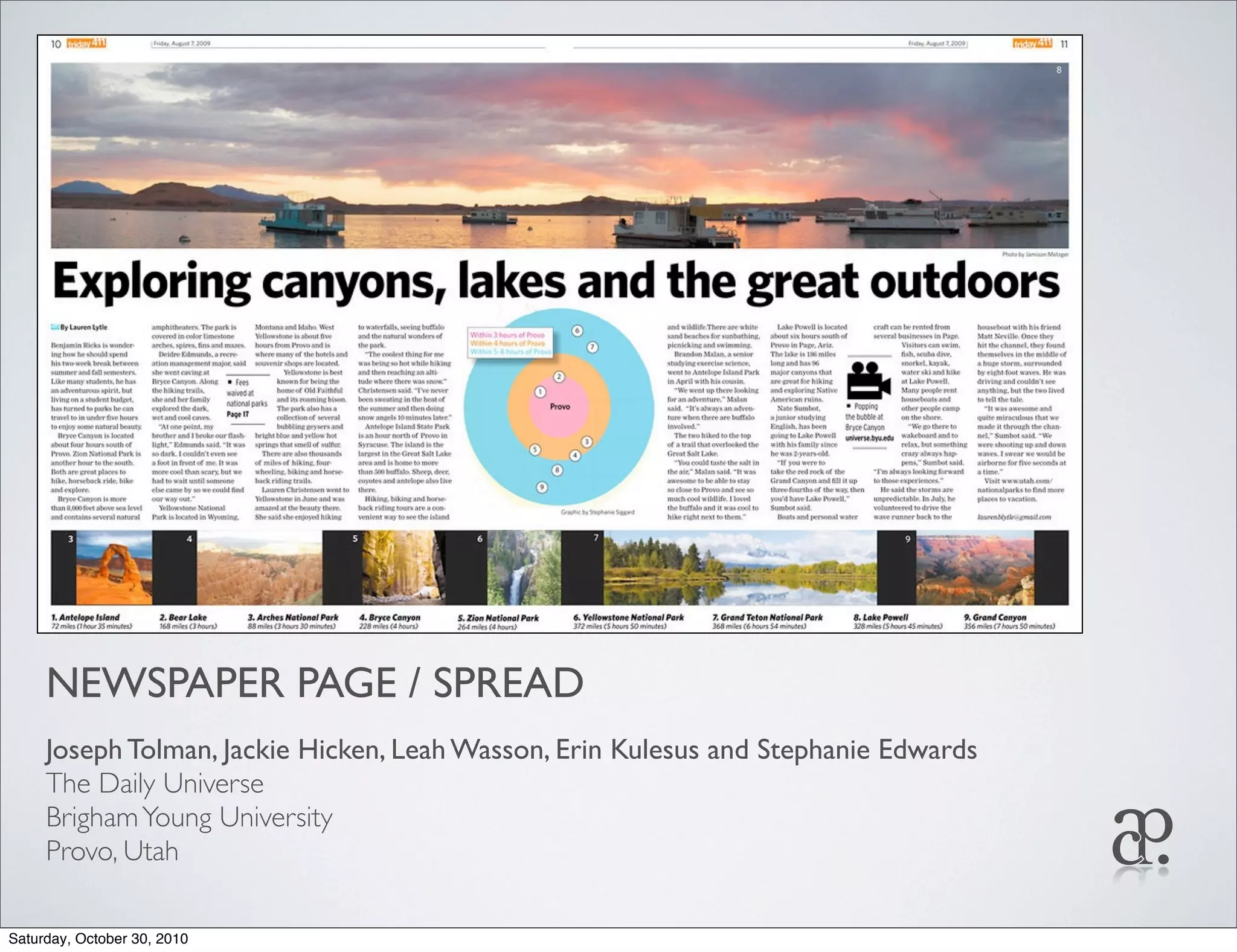 NEWSPAPER PAGE / SPREAD
Joseph Tolman, Jackie Hicken, Leah Wasson, Erin Kulesus and Stephanie Edwards
The Daily Universe
BrighamYoung University
Provo, Utah
Saturday, October 30, 2010
 