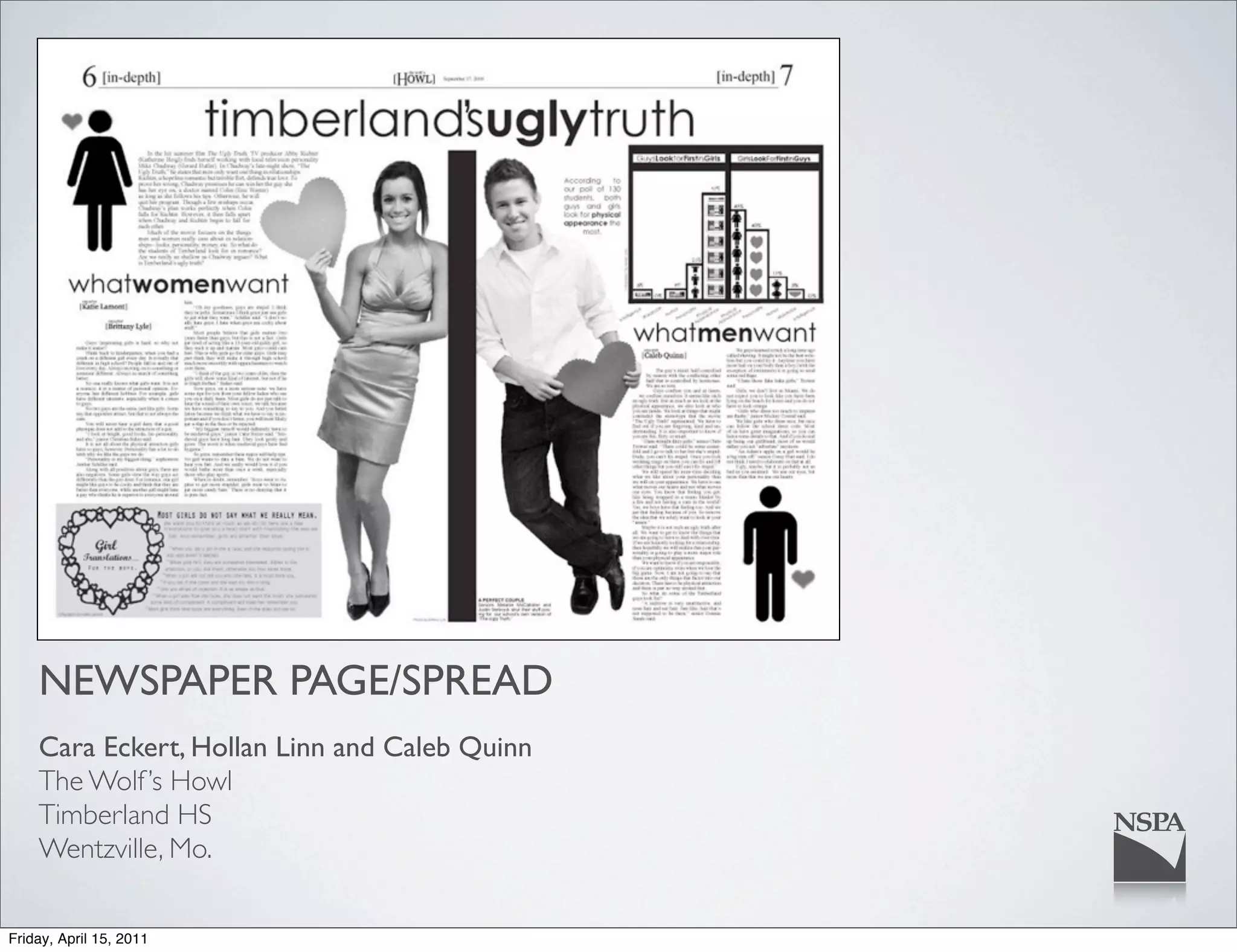 NEWSPAPER PAGE/SPREAD
    Cara Eckert, Hollan Linn and Caleb Quinn
    The Wolf ’s Howl
    Timberland HS
    Wentzville, Mo.

Friday, April 15, 2011
 