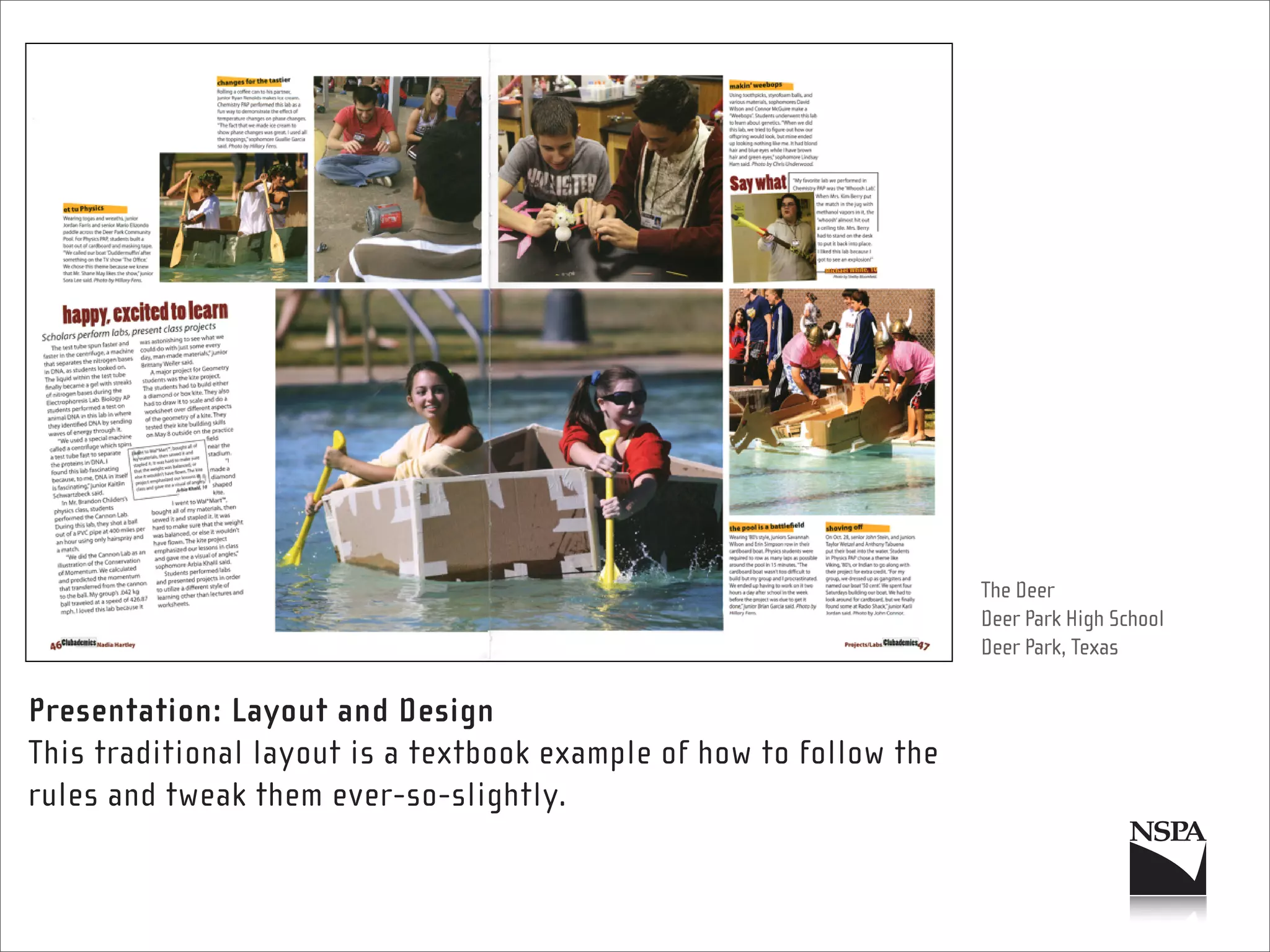 The Deer
                                                                     Deer Park High School
                                                                     Deer Park, Texas

Presentation: Layout and Design
This traditional layout is a textbook example of how to follow the
rules and tweak them ever-so-slightly.
 