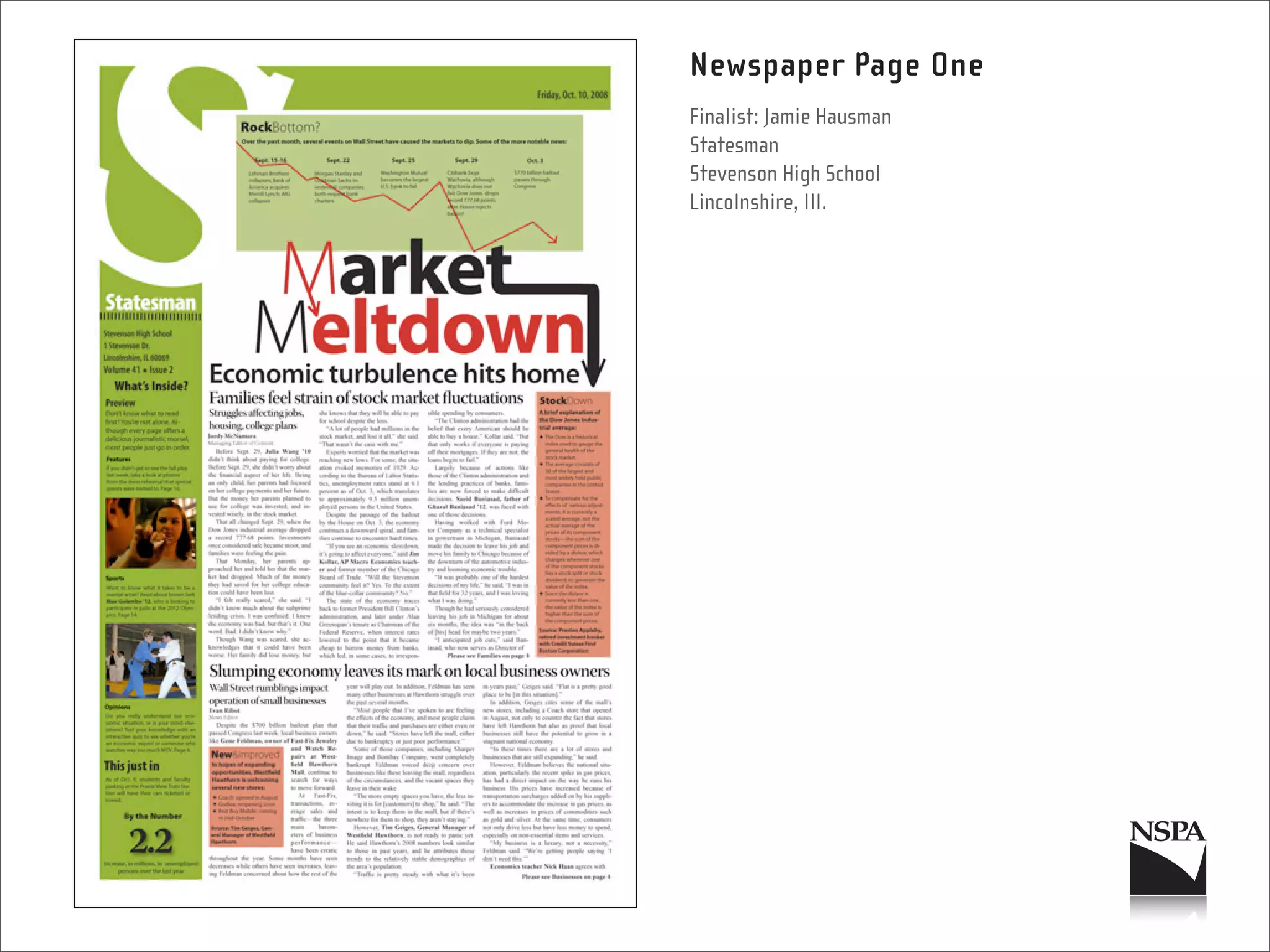 Newspaper Page One
Finalist: Jamie Hausman
Statesman
Stevenson High School
Lincolnshire, Ill.
 