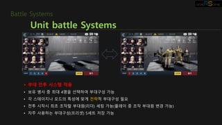 Unit battle Systems
Battle Systems
 부대 전투 시스템 적용
• 보유 병사 중 최대 4명을 선택하여 부대구성 가능
• 각 스테이지나 모드의 특성에 맞게 전략적 부대구성 필요
• 전투 시작시 최초 조작할 부대원(리더) 세팅 가능(플레이 중 조작 부대원 변경 가능)
• 자주 사용하는 부대구성(프리셋) 5세트 저장 가능
 