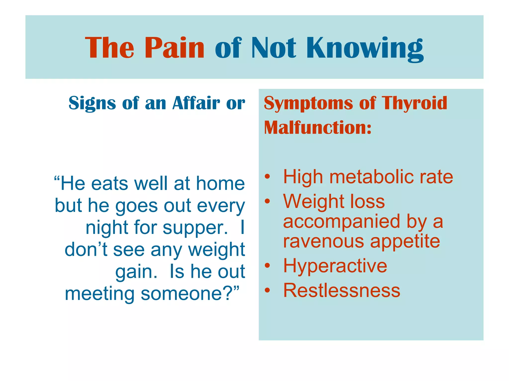 The Pain   of Not Knowing Signs of an Affair or “ He eats well at home but he goes out every night for supper.  I don’t see any weight gain.  Is he out meeting someone?”  Symptoms of Thyroid  Malfunction: High metabolic rate  Weight loss accompanied by a ravenous appetite Hyperactive Restlessness     