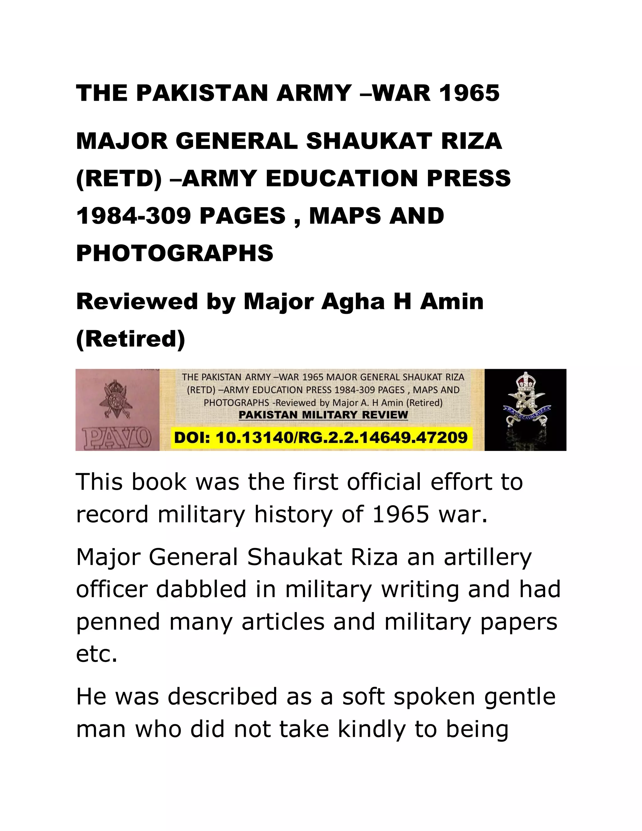 THE PAKISTAN ARMY –WAR 1965 MAJOR GENERAL SHAUKAT RIZA | PDF