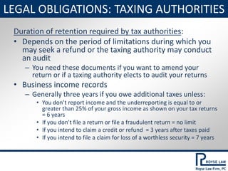 LEGAL OBLIGATIONS: TAXING AUTHORITIES
Duration of retention required by tax authorities:
• Depends on the period of limita...