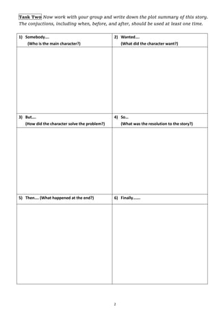 2
Task Two Now work with your group and write down the plot summary of this story.
The conjuctions, including when, before, and after, should be used at least one time.
1) Somebody.
(Who is the main character?)
2) Wanted.
(What did the character want?)
3) But.
(How did the character solve the problem?)
4) So
(What was the resolution to the story?)
5) Then. (What happened at the end?) 6) Finally.
 
