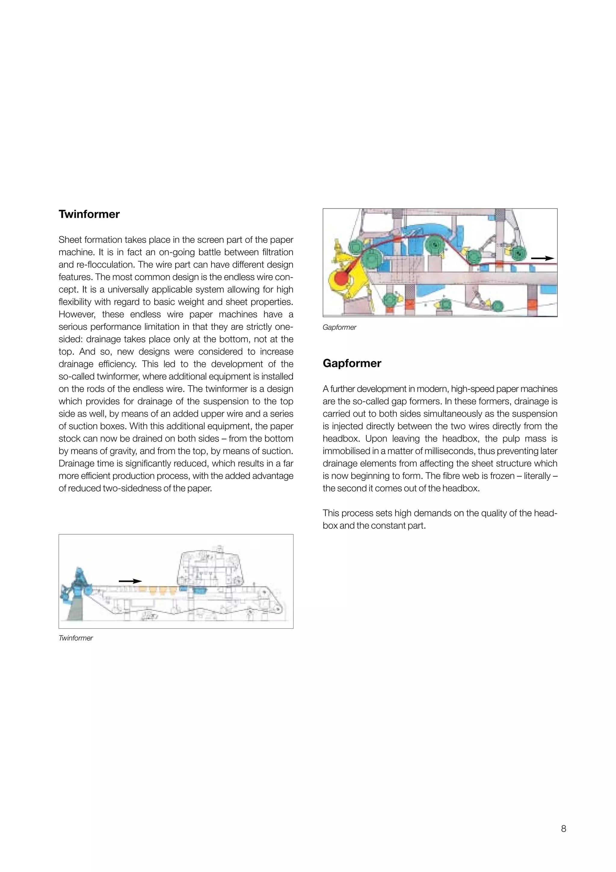 8
Twinformer
Sheet formation takes place in the screen part of the paper
machine. It is in fact an on-going battle between filtration
and re-flocculation. The wire part can have different design
features. The most common design is the endless wire con-
cept. It is a universally applicable system allowing for high
flexibility with regard to basic weight and sheet properties.
However, these endless wire paper machines have a
serious performance limitation in that they are strictly one-
sided: drainage takes place only at the bottom, not at the
top. And so, new designs were considered to increase
drainage efficiency. This led to the development of the
so-called twinformer, where additional equipment is installed
on the rods of the endless wire. The twinformer is a design
which provides for drainage of the suspension to the top
side as well, by means of an added upper wire and a series
of suction boxes. With this additional equipment, the paper
stock can now be drained on both sides – from the bottom
by means of gravity, and from the top, by means of suction.
Drainage time is significantly reduced, which results in a far
more efficient production process, with the added advantage
of reduced two-sidedness of the paper.
Gapformer
A further development in modern, high-speed paper machines
are the so-called gap formers. In these formers, drainage is
carried out to both sides simultaneously as the suspension
is injected directly between the two wires directly from the
headbox. Upon leaving the headbox, the pulp mass is
immobilised in a matter of milliseconds, thus preventing later
drainage elements from affecting the sheet structure which
is now beginning to form. The fibre web is frozen – literally –
the second it comes out of the headbox.
This process sets high demands on the quality of the head-
box and the constant part.
Gapformer
Twinformer
Obtain a printed version of this brochure from the Idea Exchange at www.sappi.com
 
