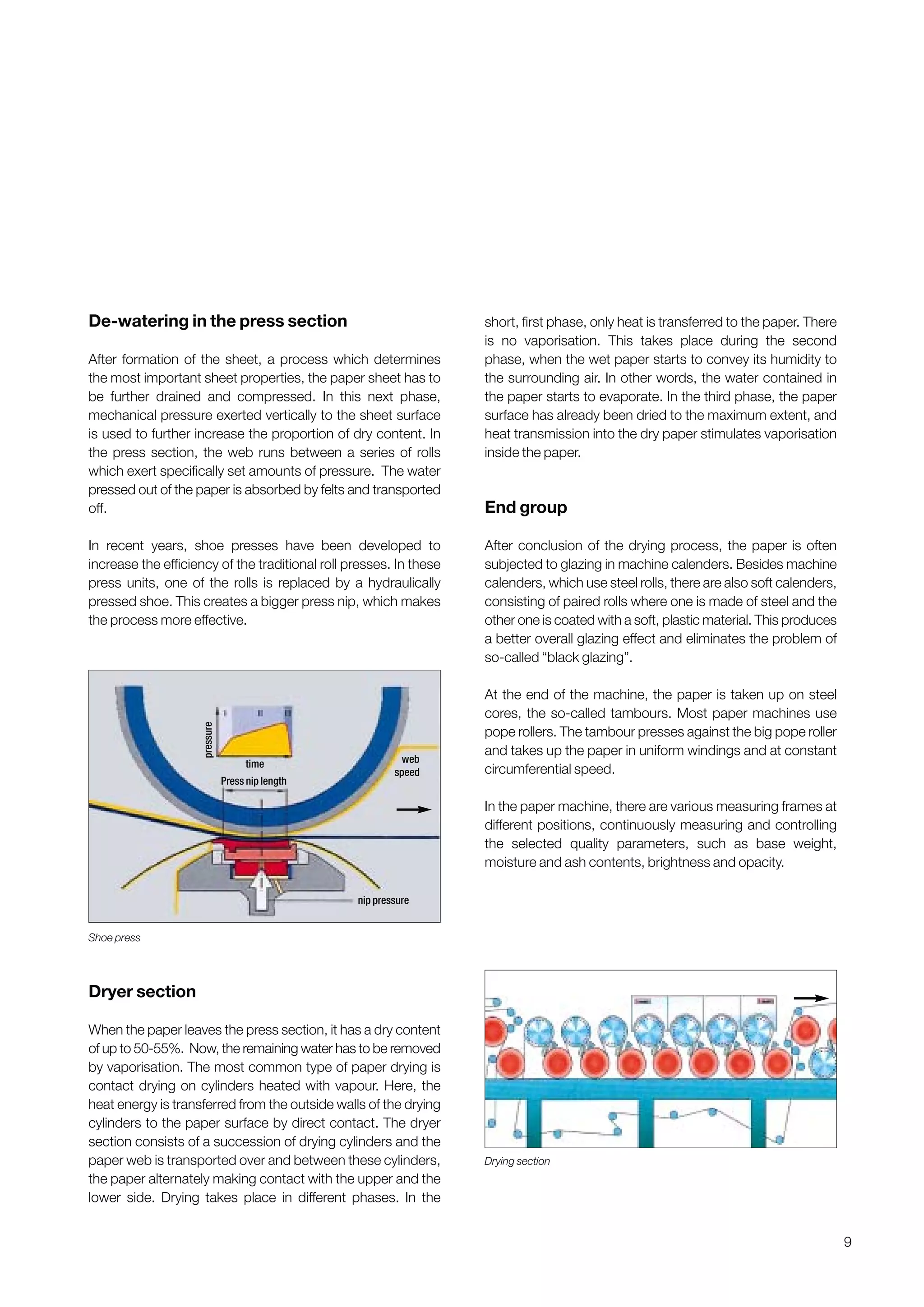 9
De-watering in the press section
After formation of the sheet, a process which determines
the most important sheet properties, the paper sheet has to
be further drained and compressed. In this next phase,
mechanical pressure exerted vertically to the sheet surface
is used to further increase the proportion of dry content. In
the press section, the web runs between a series of rolls
which exert specifically set amounts of pressure. The water
pressed out of the paper is absorbed by felts and transported
off.
In recent years, shoe presses have been developed to
increase the efficiency of the traditional roll presses. In these
press units, one of the rolls is replaced by a hydraulically
pressed shoe. This creates a bigger press nip, which makes
the process more effective.
Dryer section
When the paper leaves the press section, it has a dry content
of up to 50-55%. Now, the remaining water has to be removed
by vaporisation. The most common type of paper drying is
contact drying on cylinders heated with vapour. Here, the
heat energy is transferred from the outside walls of the drying
cylinders to the paper surface by direct contact. The dryer
section consists of a succession of drying cylinders and the
paper web is transported over and between these cylinders,
the paper alternately making contact with the upper and the
lower side. Drying takes place in different phases. In the
short, first phase, only heat is transferred to the paper. There
is no vaporisation. This takes place during the second
phase, when the wet paper starts to convey its humidity to
the surrounding air. In other words, the water contained in
the paper starts to evaporate. In the third phase, the paper
surface has already been dried to the maximum extent, and
heat transmission into the dry paper stimulates vaporisation
inside the paper.
End group
After conclusion of the drying process, the paper is often
subjected to glazing in machine calenders. Besides machine
calenders, which use steel rolls, there are also soft calenders,
consisting of paired rolls where one is made of steel and the
other one is coated with a soft, plastic material. This produces
a better overall glazing effect and eliminates the problem of
so-called “black glazing”.
At the end of the machine, the paper is taken up on steel
cores, the so-called tambours. Most paper machines use
pope rollers. The tambour presses against the big pope roller
and takes up the paper in uniform windings and at constant
circumferential speed.
In the paper machine, there are various measuring frames at
different positions, continuously measuring and controlling
the selected quality parameters, such as base weight,
moisture and ash contents, brightness and opacity.
Shoe press
Drying section
pressure
time web
speed
nip pressure
Press nip length
Obtain a printed version of this brochure from the Idea Exchange at www.sappi.com
 