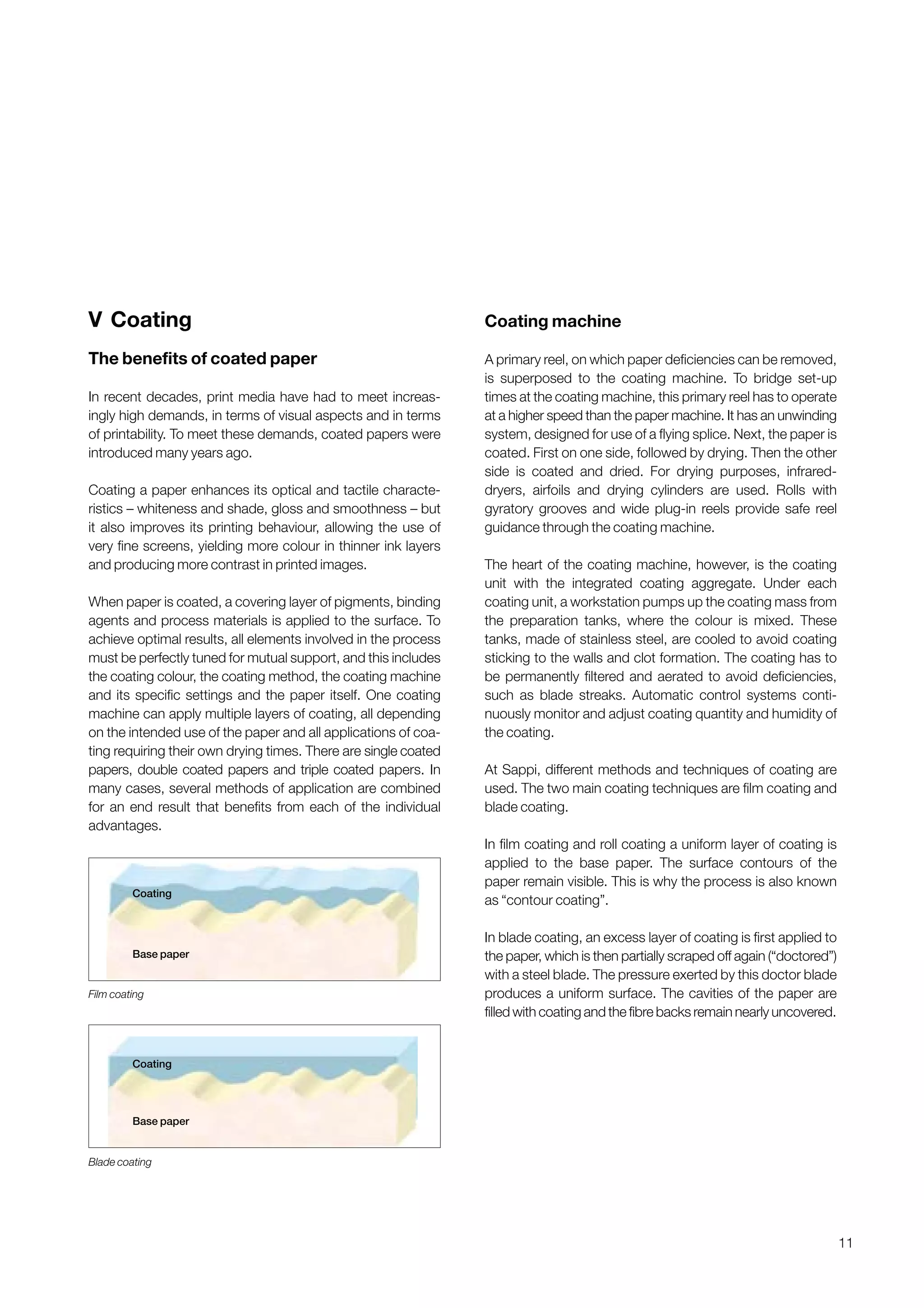 11
V Coating
The benefits of coated paper
In recent decades, print media have had to meet increas-
ingly high demands, in terms of visual aspects and in terms
of printability. To meet these demands, coated papers were
introduced many years ago.
Coating a paper enhances its optical and tactile characte-
ristics – whiteness and shade, gloss and smoothness – but
it also improves its printing behaviour, allowing the use of
very fine screens, yielding more colour in thinner ink layers
and producing more contrast in printed images.
When paper is coated, a covering layer of pigments, binding
agents and process materials is applied to the surface. To
achieve optimal results, all elements involved in the process
must be perfectly tuned for mutual support, and this includes
the coating colour, the coating method, the coating machine
and its specific settings and the paper itself. One coating
machine can apply multiple layers of coating, all depending
on the intended use of the paper and all applications of coa-
ting requiring their own drying times. There are single coated
papers, double coated papers and triple coated papers. In
many cases, several methods of application are combined
for an end result that benefits from each of the individual
advantages.
Coating machine
A primary reel, on which paper deficiencies can be removed,
is superposed to the coating machine. To bridge set-up
times at the coating machine, this primary reel has to operate
at a higher speed than the paper machine. It has an unwinding
system, designed for use of a flying splice. Next, the paper is
coated. First on one side, followed by drying. Then the other
side is coated and dried. For drying purposes, infrared-
dryers, airfoils and drying cylinders are used. Rolls with
gyratory grooves and wide plug-in reels provide safe reel
guidance through the coating machine.
The heart of the coating machine, however, is the coating
unit with the integrated coating aggregate. Under each
coating unit, a workstation pumps up the coating mass from
the preparation tanks, where the colour is mixed. These
tanks, made of stainless steel, are cooled to avoid coating
sticking to the walls and clot formation. The coating has to
be permanently filtered and aerated to avoid deficiencies,
such as blade streaks. Automatic control systems conti-
nuously monitor and adjust coating quantity and humidity of
the coating.
At Sappi, different methods and techniques of coating are
used. The two main coating techniques are film coating and
blade coating.
In film coating and roll coating a uniform layer of coating is
applied to the base paper. The surface contours of the
paper remain visible. This is why the process is also known
as “contour coating”.
In blade coating, an excess layer of coating is first applied to
the paper, which is then partially scraped off again (“doctored”)
with a steel blade. The pressure exerted by this doctor blade
produces a uniform surface. The cavities of the paper are
filled with coating and the fibre backs remain nearly uncovered.
Film coating
Blade coating
Base paper
Coating
Base paper
Coating
Obtain a printed version of this brochure from the Idea Exchange at www.sappi.com
 