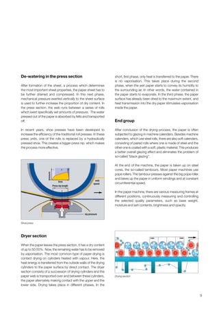 9
De-watering in the press section
After formation of the sheet, a process which determines
the most important sheet properties, the paper sheet has to
be further drained and compressed. In this next phase,
mechanical pressure exerted vertically to the sheet surface
is used to further increase the proportion of dry content. In
the press section, the web runs between a series of rolls
which exert specifically set amounts of pressure. The water
pressed out of the paper is absorbed by felts and transported
off.
In recent years, shoe presses have been developed to
increase the efficiency of the traditional roll presses. In these
press units, one of the rolls is replaced by a hydraulically
pressed shoe. This creates a bigger press nip, which makes
the process more effective.
Dryer section
When the paper leaves the press section, it has a dry content
of up to 50-55%. Now, the remaining water has to be removed
by vaporisation. The most common type of paper drying is
contact drying on cylinders heated with vapour. Here, the
heat energy is transferred from the outside walls of the drying
cylinders to the paper surface by direct contact. The dryer
section consists of a succession of drying cylinders and the
paper web is transported over and between these cylinders,
the paper alternately making contact with the upper and the
lower side. Drying takes place in different phases. In the
short, first phase, only heat is transferred to the paper. There
is no vaporisation. This takes place during the second
phase, when the wet paper starts to convey its humidity to
the surrounding air. In other words, the water contained in
the paper starts to evaporate. In the third phase, the paper
surface has already been dried to the maximum extent, and
heat transmission into the dry paper stimulates vaporisation
inside the paper.
End group
After conclusion of the drying process, the paper is often
subjected to glazing in machine calenders. Besides machine
calenders, which use steel rolls, there are also soft calenders,
consisting of paired rolls where one is made of steel and the
other one is coated with a soft, plastic material. This produces
a better overall glazing effect and eliminates the problem of
so-called “black glazing”.
At the end of the machine, the paper is taken up on steel
cores, the so-called tambours. Most paper machines use
pope rollers. The tambour presses against the big pope roller
and takes up the paper in uniform windings and at constant
circumferential speed.
In the paper machine, there are various measuring frames at
different positions, continuously measuring and controlling
the selected quality parameters, such as base weight,
moisture and ash contents, brightness and opacity.
Shoe press
Drying section
pressure
time web
speed
nip pressure
Press nip length
Obtain a printed version of this brochure from the Idea Exchange at www.sappi.com
 