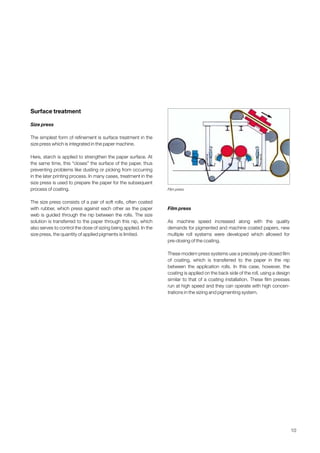 10
Surface treatment
Size press
The simplest form of refinement is surface treatment in the
size press which is integrated in the paper machine.
Here, starch is applied to strengthen the paper surface. At
the same time, this “closes” the surface of the paper, thus
preventing problems like dusting or picking from occurring
in the later printing process. In many cases, treatment in the
size press is used to prepare the paper for the subsequent
process of coating.
The size press consists of a pair of soft rolls, often coated
with rubber, which press against each other as the paper
web is guided through the nip between the rolls. The size
solution is transferred to the paper through this nip, which
also serves to control the dose of sizing being applied. In the
size press, the quantity of applied pigments is limited.
Film press
As machine speed increased along with the quality
demands for pigmented and machine coated papers, new
multiple roll systems were developed which allowed for
pre-dosing of the coating.
These modern press systems use a precisely pre-dosed film
of coating, which is transferred to the paper in the nip
between the application rolls. In this case, however, the
coating is applied on the back side of the roll, using a design
similar to that of a coating installation. These film presses
run at high speed and they can operate with high concen-
trations in the sizing and pigmenting system.
Film press
Obtain a printed version of this brochure from the Idea Exchange at www.sappi.com
 