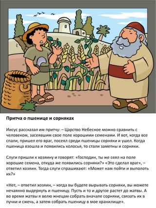 Притча о пшенице и сорняках
Иисус рассказал им притчу: – Царство Небесное можно сравнить с
человеком, засеявшим свое поле хорошими семенами. И вот, когда все
спали, пришел его враг, посеял среди пшеницы сорняки и ушел. Когда
пшеница взошла и появились колосья, то стали заметны и сорняки.
Слуги пришли к хозяину и говорят: «Господин, ты же сеял на поле
хорошие семена, откуда же появились сорняки?» «Это сделал враг», –
ответил хозяин. Тогда слуги спрашивают: «Может нам пойти и выполоть
их?»
«Нет, – ответил хозяин, – когда вы будете вырывать сорняки, вы можете
нечаянно выдернуть и пшеницу. Пусть и то и другое растет до жатвы. А
во время жатвы я велю жнецам собрать вначале сорняки, связать их в
пучки и сжечь, а затем собрать пшеницу в мое хранилище».
 