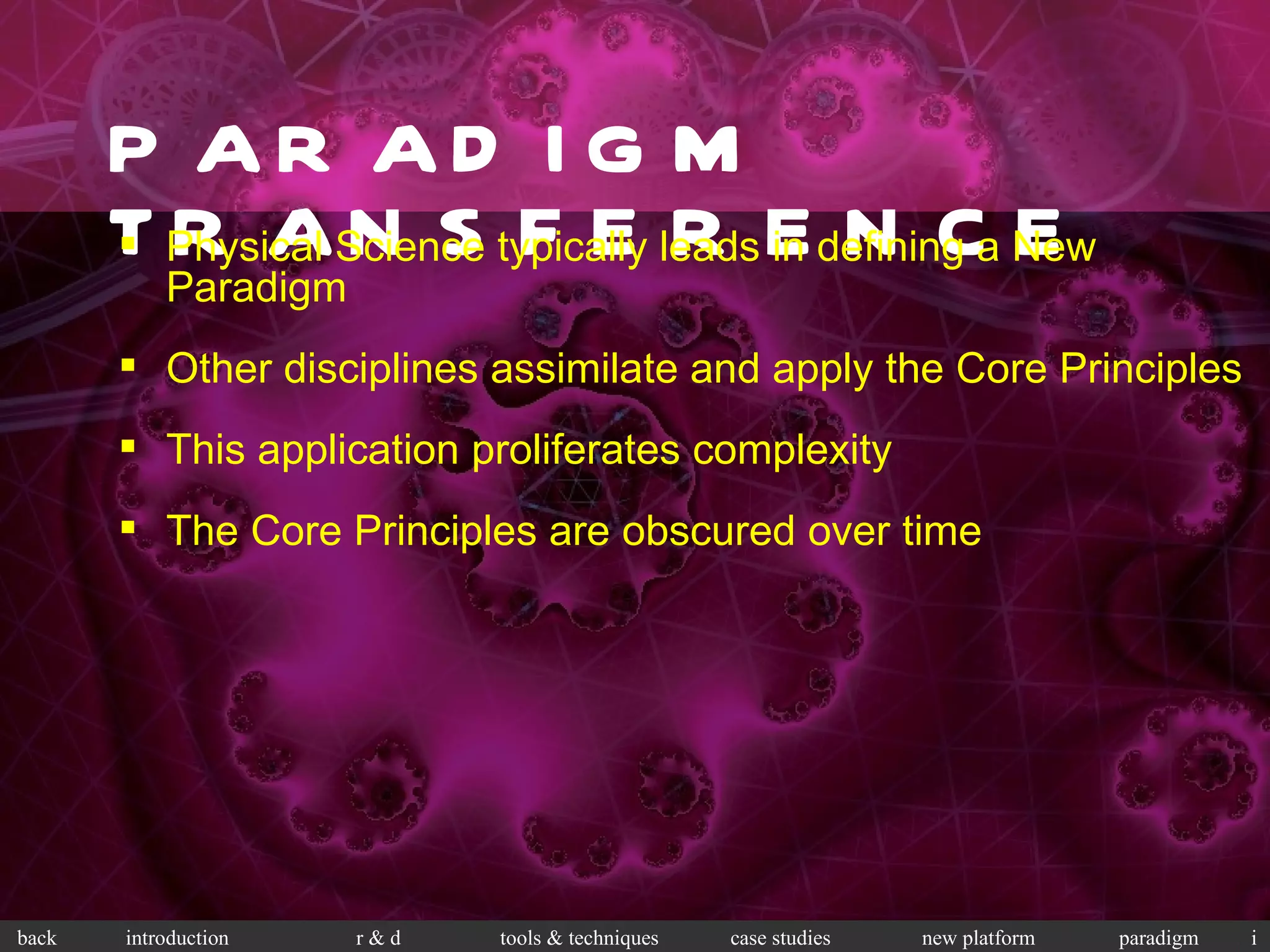 PARADIGM TRANSFERENCE Physical Science typically leads in defining a New Paradigm Other disciplines assimilate and apply the Core Principles This application proliferates complexity The Core Principles are obscured over time 