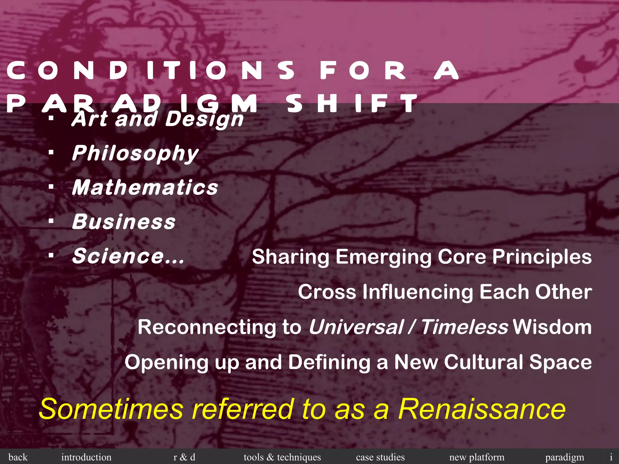 CONDITIONS FOR A PARADIGM SHIFT Art and Design Philosophy Mathematics Business Science… Sharing Emerging Core Principles Cross Influencing Each Other Reconnecting to  Universal / Timeless  Wisdom Opening up and Defining a New Cultural Space Sometimes referred to as a Renaissance  