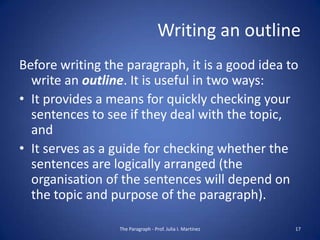 Writing an outline
Before writing the paragraph, it is a good idea to
  write an outline. It is useful in two ways:
• It provides a means for quickly checking your
  sentences to see if they deal with the topic,
  and
• It serves as a guide for checking whether the
  sentences are logically arranged (the
  organisation of the sentences will depend on
  the topic and purpose of the paragraph).

                  The Paragraph - Prof. Julia I. Martínez   17
 