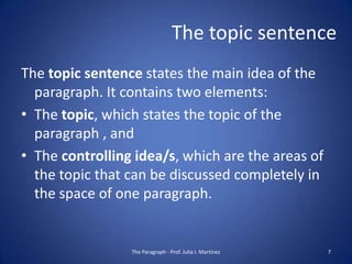 The topic sentence
The topic sentence states the main idea of the
  paragraph. It contains two elements:
• The topic, which states the topic of the
  paragraph , and
• The controlling idea/s, which are the areas of
  the topic that can be discussed completely in
  the space of one paragraph.


                 The Paragraph - Prof. Julia I. Martínez   7
 