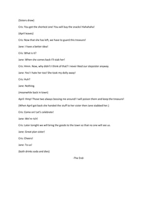 (Sisters draw)

Cris: You got the shortest one! You will buy the snacks! Hahahaha!

(April leaves)

Cris: Now that she has left, we have to guard this treasure!

Jane: I have a better idea!

Cris: What is it?

Jane: When she comes back I’ll stab her!

Cris: Hmm. Now, why didn’t I think of that? I never liked our stepsister anyway.

Jane: Yes! I hate her too! She took my dolly away!

Cris: Huh?

Jane: Nothing.

(meanwhile back in town)

April: Hmp! Those two always bossing me around! I will poison them and keep the treasure!

(When April got back she handed the stuff to her sister then Jane stabbed her.)

Cris: Come on! Let’s celebrate!

Jane: We’re rich!

Cris: Later tonight we will bring the goods to the town so that no one will see us.

Jane: Great plan sister!

Cris: Cheers!

Jane: To us!

(both drinks soda and dies)

                                                 -The End-
 