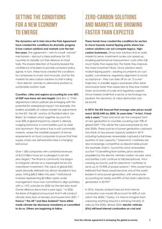 Zero-carbon solutions
and markets are growing
faster than expected
These trends have created the conditions for sectors
to move towards market tipping points where low-
carbon solutions can out-compete legacy, high-
carbon businesses. Once new solutions find an early
market to serve, investment cycles can speed up,
enabling performance improvement; costs often fall
much faster than expected. The faster they improve,
the more investment flows. Once solutions reach
market tipping points – beating incumbents on cost,
quality, convenience, regulatory alignment or social
acceptance – they can take off on an “S-curve”
trajectory. In parallel, legacy businesses often spiral
downwards faster than expected as they lose market
share, economies of scale and regulatory support.
Once markets smell that a sector or technology has
peaked, the dynamics of value destruction can
be brutal.
In 2014, the IEA forecast that average solar prices would
reach $0.05/kWh by 2050, 36 years later.16
In fact, it took
only 6 years.17
Solar and wind are the cheapest form
of new generation in countries covering over 70% of
global GDP;18
this will be the case everywhere by the
late 2020s. These sources of power generation captured
two-thirds of new power capacity added in 2019;
including hydropower, renewables captured a full three-
quarters of new capacity.19
Solar/wind + batteries are
also increasingly competitive as dispatchable power
(for example, India’s “round-the-clock renewables
auction”20
) benefiting from battery price declines
propelled by the electric vehicles market. As solar, wind
and battery costs continue to fall precipitously, this is
creating economic pull for solar/wind + batteries to
serve up to 75-90% of power systems.21
Who would have
believed that Texas would become one of the world
leaders in wind power generation, with wind power
accounting for nearly one-fifth of the state’s electricity
generation in 2019?22
In 2016, industry analysts forecast that internal
combustion cars would still account for 60% of cars
sold in the 2050s.23
Today, it is hard to imagine them
capturing anything beyond a shrinking minority of
sales by the 2030s. Before 2024, electric vehicles
(EVs) will beat internal combustion on cost and
Setting the conditions
for a new economy
to emerge
The dynamics set in train since the Paris Agreement
have created the conditions for dramatic progress
in low-carbon solutions and markets over the last
five years. The agreement – with its in-built ‘ratchet’
mechanism – laid out a clear pathway for 195
countries to steadily cut their reliance on fossil
fuels. This shared direction of travel increased the
confidence of leaders to provide consistent policy
signals. In turn, these have created the conditions
for companies to invest and innovate, and for the
markets for zero-carbon solutions to start scaling
– from electric vehicles to alternative proteins to
sustainable aviation fuels.
Countries, cities and regions accounting for over 50%
of GDP now have net-zero targets (See Box 1).4
Paris-
aligned low-carbon policies are emerging with the
potential for widespread impact. For example, the
realistic possibility of carbon border tax adjustments
by the EU5
, the UK6
, and by US President-elect Joe
Biden7
(in markets which together account for
over 30% of global imports by value8
) is already
nudging behaviour in commodities such as steel
and aluminium. The same is true in soft commodity
markets, where the credible prospect of stricter
requirements on food companies to prove that their
supply chains are deforestation-free is changing
behaviour.
Over 1,500 companies with combined revenues
of $12.5 trillion have set or pledged to set net-
zero targets.9
The finance community has begun
to integrate climate as a meaningful factor into
mainstream investment. The value of global ESG
assets (broadly defined) has almost doubled in four
years, hitting $40.5 trillion this year.10
Institutional
investors representing $5 trillion assets under
management have now committed to align portfolios
with a 1.5°C scenario by 2050 via the Net-Zero Asset
Owner Alliance (launched a year ago).11
In 2020,
the Bank of England announced that it will conduct
climate stress tests on lenders and insurers from 2021.12
France,13
the UK14
and New Zealand15
have either
made climate risk disclosure mandatory or committed
to do so. Others are beginning to follow.
2How the climate agreement is reshaping the global economy
 