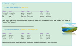 2.5. Words ending in –i
2.5.1. New words ending in -i: add -a/-ä
Nom. Part. Nom. Part. Nom. Part.
banaani banaania paperi paperia kahvi kahvia
pankki pankkia posti postia maali maalia
tili tiliä adverbi adverbia dollari dollaria
New words are words that haven't been around for ages. They can be loan words, like "pankki" for "bank", or
"paperi" for "paper".
________________________________________
2.5.2. Old words ending in -i: remove -i- and add-ea/-eä
Nom. Part. Nom. Part. Nom. Part.
suomi suomea ovi ovea järvi järveä
kivi kiveä lahti lahtea nimi nimeä
sormi sormea lehti lehteä pilvi pilveä
Old words are often nature words, for which Finns have had names for a very long time.
________________________________________
 