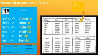Personal pronouns + cases The
Partitive
Partitive:
minä -> minu-a
sinä -> sinu-a
hän -> hän-tä
me -> mei-tä
te -> tei-tä
he -> hei-tä
Ketä sinä odotat?
Who are you waiting for?
Odotan häntä/
Pekka-a.
I’m waiting for him
/Pekka.
Rakastatko minua?
Do you love me?
Kyllä, rakastan
sinua.
Yes, I do.
 