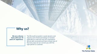 Why us?
The Microsoft ecosystem is quite dynamic and
requires a lot of time and energy to maintain,
especially for small and mid size corporations.
We are well connected and have a broad view of
the many ways we can connect you with the
right partner or customer.
We are a diverse
team with over 10
years of experience.
 