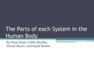 The Parts of each System in the Human Body By Prem Patel, Collin Mueller, Davon Mayer, and Kayla Barber 