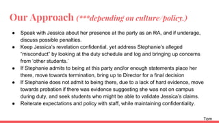 Our Approach (***depending on culture/policy.)
● Speak with Jessica about her presence at the party as an RA, and if underage,
discuss possible penalties.
● Keep Jessica’s revelation confidential, yet address Stephanie’s alleged
“misconduct” by looking at the duty schedule and log and bringing up concerns
from ‘other students.’
● If Stephanie admits to being at this party and/or enough statements place her
there, move towards termination, bring up to Director for a final decision
● If Stephanie does not admit to being there, due to a lack of hard evidence, move
towards probation if there was evidence suggesting she was not on campus
during duty, and seek students who might be able to validate Jessica’s claims.
● Reiterate expectations and policy with staff, while maintaining confidentiality.
Tom
 