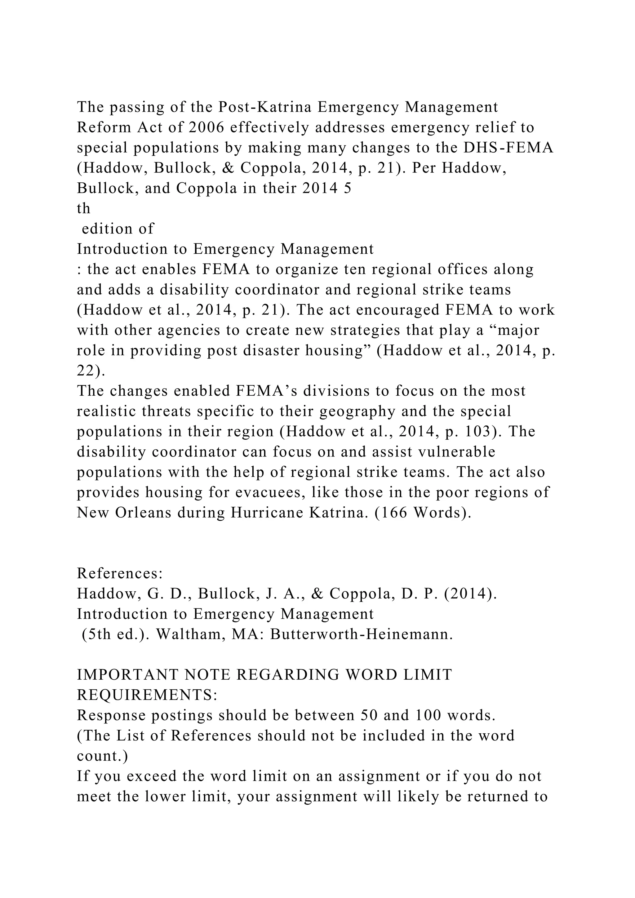 The passing of the PostKatrina Emergency Management Reform Act of 2.docx