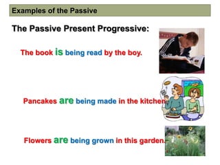 Examples of the Passive

The Passive Present Progressive:

  The book is being read by the boy.




   Pancakes are being made in the kitchen.




   Flowers are being grown in this garden.
 