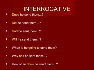 INTERROGATIVE



Does he send them...?



Did he send them...?



Had he sent them...?



Will he send them...?



When is he going to send them?



Why has he sent them...?



How often does he send them...?

 